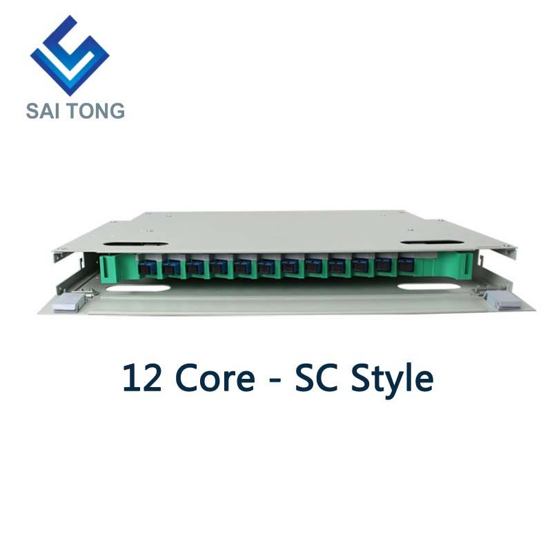 SaiTong FTTH 19 Inch Rack Mount 12 Port Cabinet SC/FC ODF 1 U 12 teras Rangka Pengedaran gentian optik Muatan Penuh Pilihan